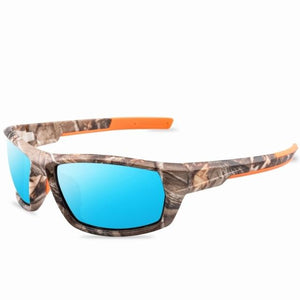 Polarised sunglasses with camouflage frame and blue lens. Available to buy from Guts Fishing Apparel. 