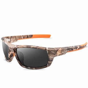 Polarised sunglasses with camouflage frame and black lens. Available to buy from Guts Fishing Apparel. 