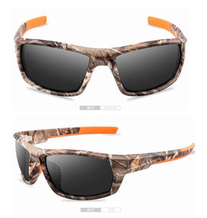 Buy sunglasses for fishing, these sunglasses have a camouflage frame and black lens. The lens is also polarised so you can see objects in the water much better.