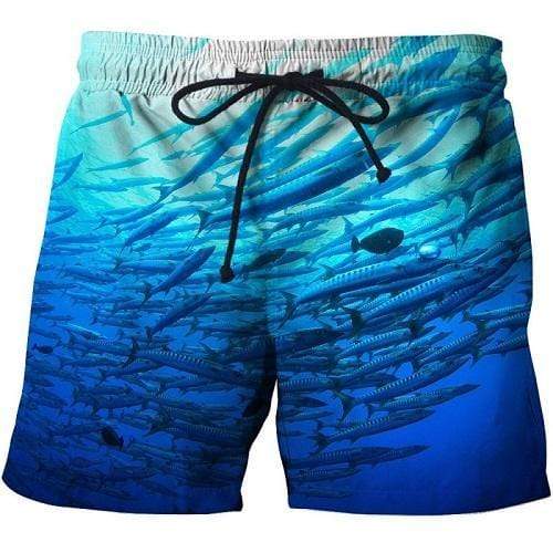 A pair of men's fishing shorts with a 3D graphic print of barracuda fish, predominantly blue in colour, knee-length with side hand pockets and an elastic waistband with drawstring.
