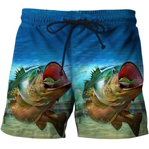 Green bass fish printed onto a pair of men's fishing shorts.