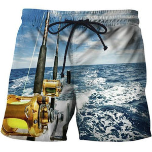 Men's fishing shorts with a 3D graphic big game fishing reel design.
