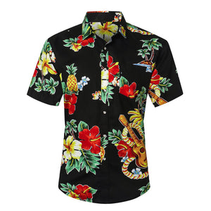 Buy traditional Hawaiian Shirts in Australia. Black button up shirt with hibiscus and Ukulele print design. 