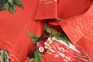 Red button up Hawaiian shirt with collar. 