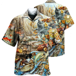 Hawaiian shirt with cat sitting amongst fish on a wooded deck. 