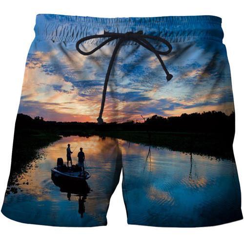 Blue Fishing Shorts with a beautiful image of people fishing in a boat on a lake. 