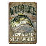 Buy Welcome Drop A Line Tin Metal Sign Funny Fishing Signs | Welcome Drop A Line Stay Awhile Guts Fishing Apparel Australia