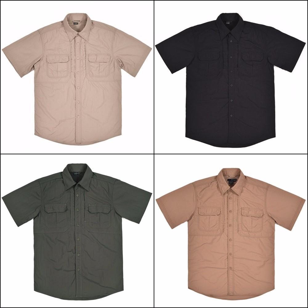 Shop short sleeve fishing shirts. Khaki, black, army green and brown.