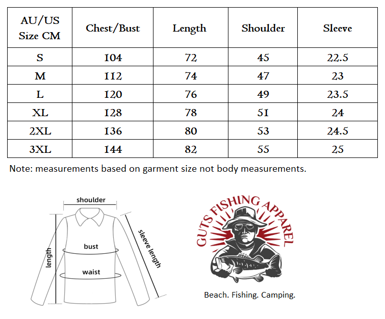 Size chart showing measurements of a good fitting Hawaiian shirt sold at Guts Fishing Apparel Australia.