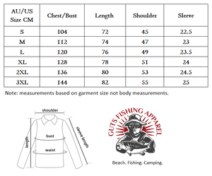 Size chart showing measurements of a good fitting Hawaiian shirt sold at Guts Fishing Apparel Australia.