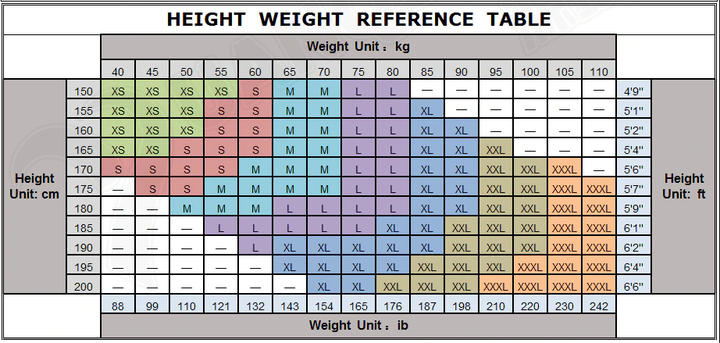 Fishing t-shirt height and weight reference table.