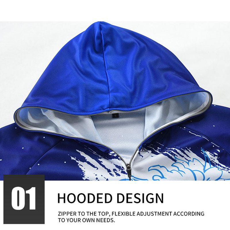 A blue fishing shirt with a hood that zips all the way up.