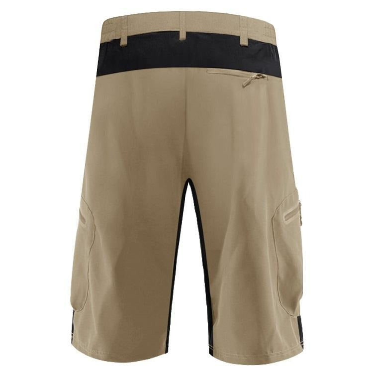 Zip pocket on the back of a men's pair of khaki shorts.
