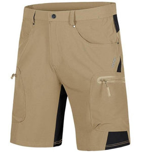 Men's khaki shorts with zip pockets and stretchy waist and fabric.