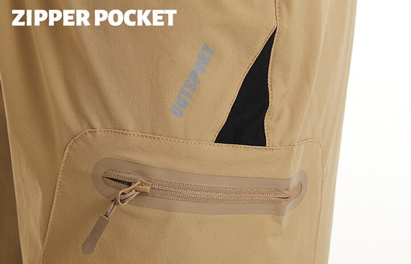 Zip pocket on men's khaki shorts.