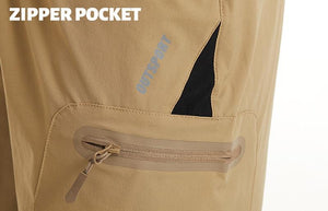Zip pocket on men's khaki shorts.
