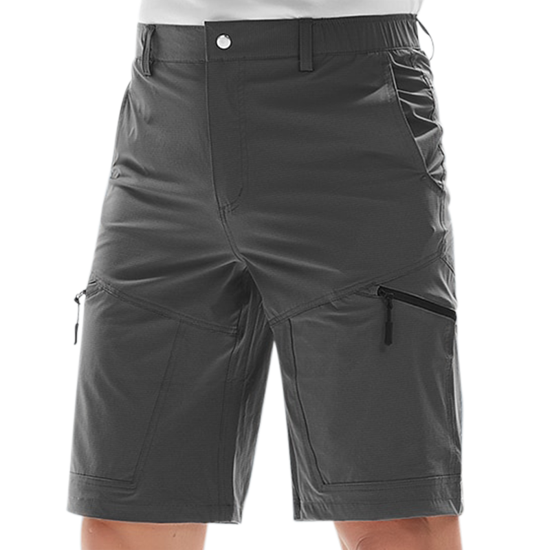 men's grey hiking shorts with multiple zip pockets. 