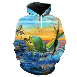 Mahi Mahi fishing shirt for kids. Fish jumping out of ocean chasing a flying fish.