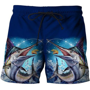 Blue fishing shorts with Marlin fish artwork.