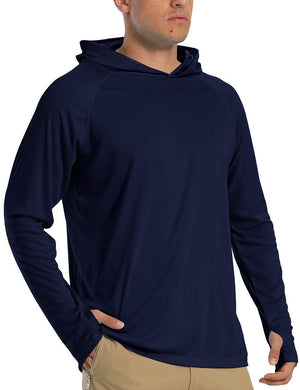 Male model waring a navy long sleeve sun protection shirt that you can buy at Guts Fishing Apparel. The shirt has a sun protection rating of UPF 50+.