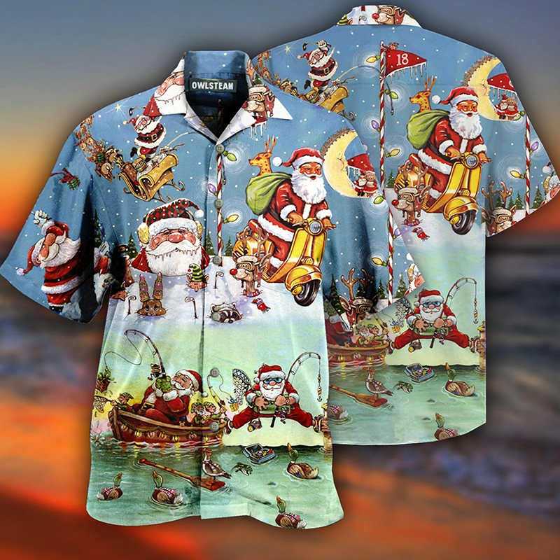 Buy Christmas Fishing Hawaiian shirts.  Santa fishing off a boat with Christmas decorations.