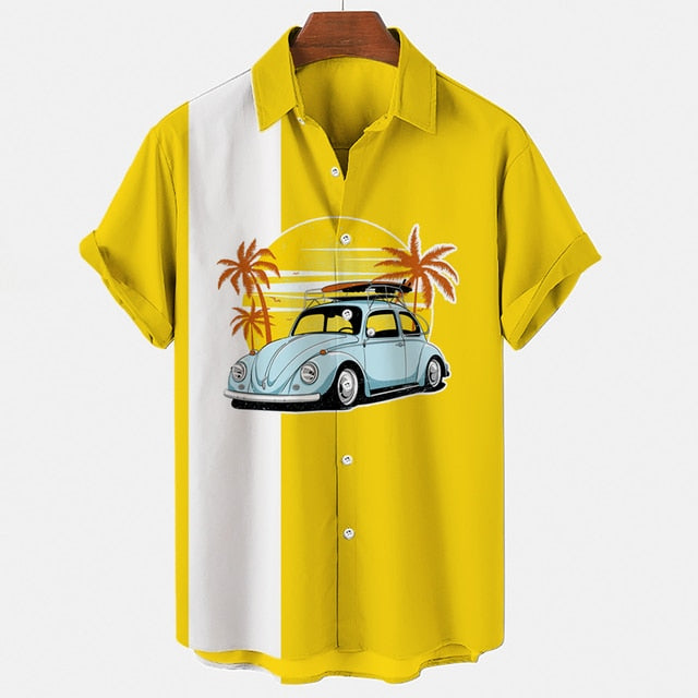 Retro VW Beetle Hawaiian shirt, white and yellow button up short sleeve shirt. Car with surfboards on roof, with ocean and palm trees in the background. 