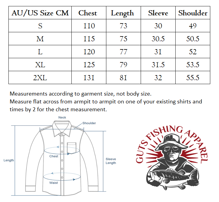 Size chart for a short sleeve button up fishing shirt.