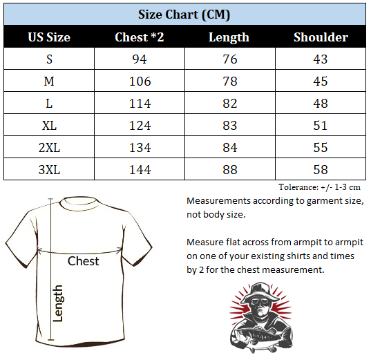 Size chart for guts fishing apparel fishing and hunting t-shirt.