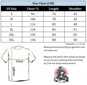 size chart and size guide for men's fishing t-shirt.