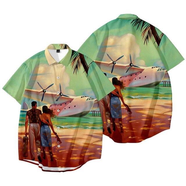 Men's 50's vintage style Cuban shirt. Seaplane and beach.