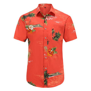 Buy traditional Hawaiian Shirts in Australia. Men's red button up shirt with hibiscus print design. 