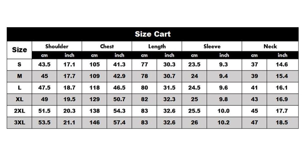 Size chart for US size Hawaiian shirts.