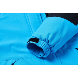 Blue waterproof jacket with Velcro cuffs. 