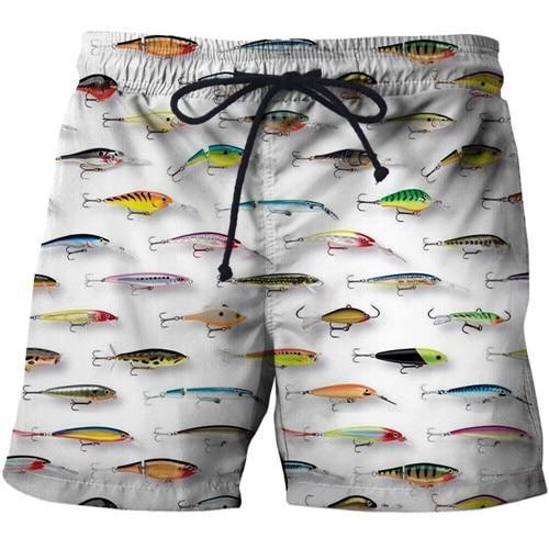 White fishing shorts with lures printed on them.