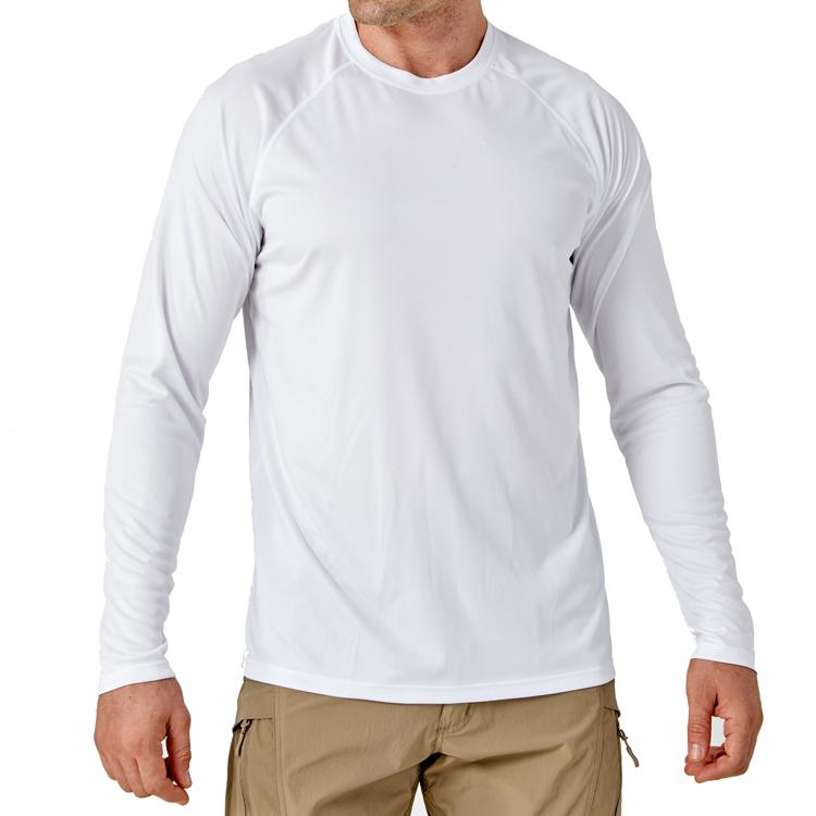 Male model wearing a white, long sleeve t-shirt for sun protection.