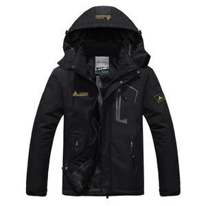Black waterproof jacket with warm fleece lining.