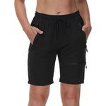Women's lightweight cargo shorts with elastic waist, drawstring and zip pockets. Quick drying and stretch fabric. Black polyester and spandex.