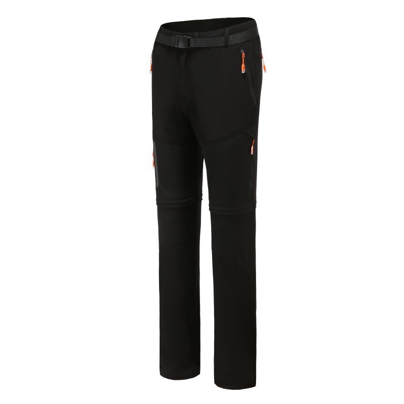 Women's summer hiking pants. Black stretch fabric with orange trim around the zip pockets.