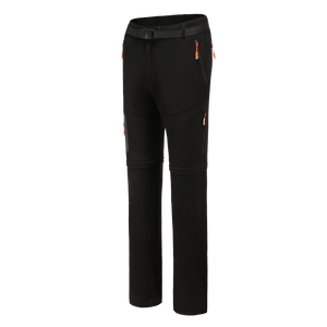 Women's summer hiking pants. Black stretch fabric with orange trim around the zip pockets.