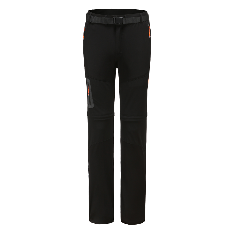 Convertible hiking pants for women. Black stretch cloth. Multiple zip pockets.