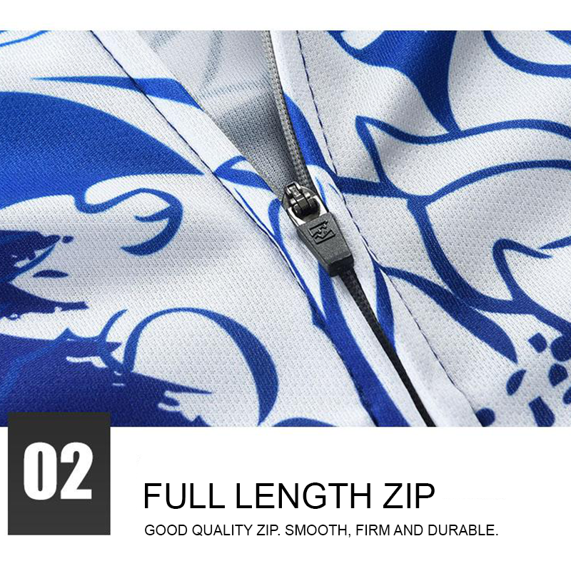 Men's full length zip up fishing shirt. Blue and white moisture wicking cloth.