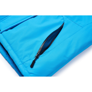 Zip pocket on the sides of a blue waterproof jacket.