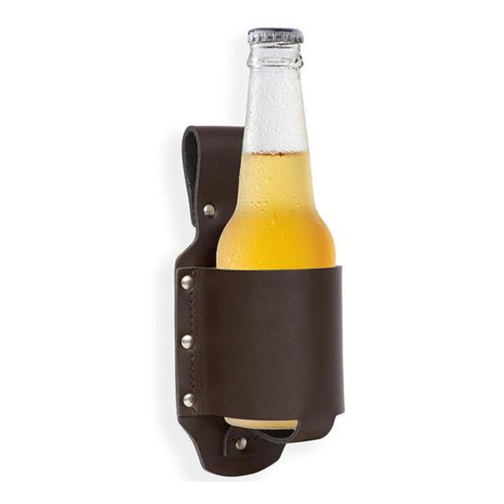 A beer being held in a brown beer holster that attaches to your belt.