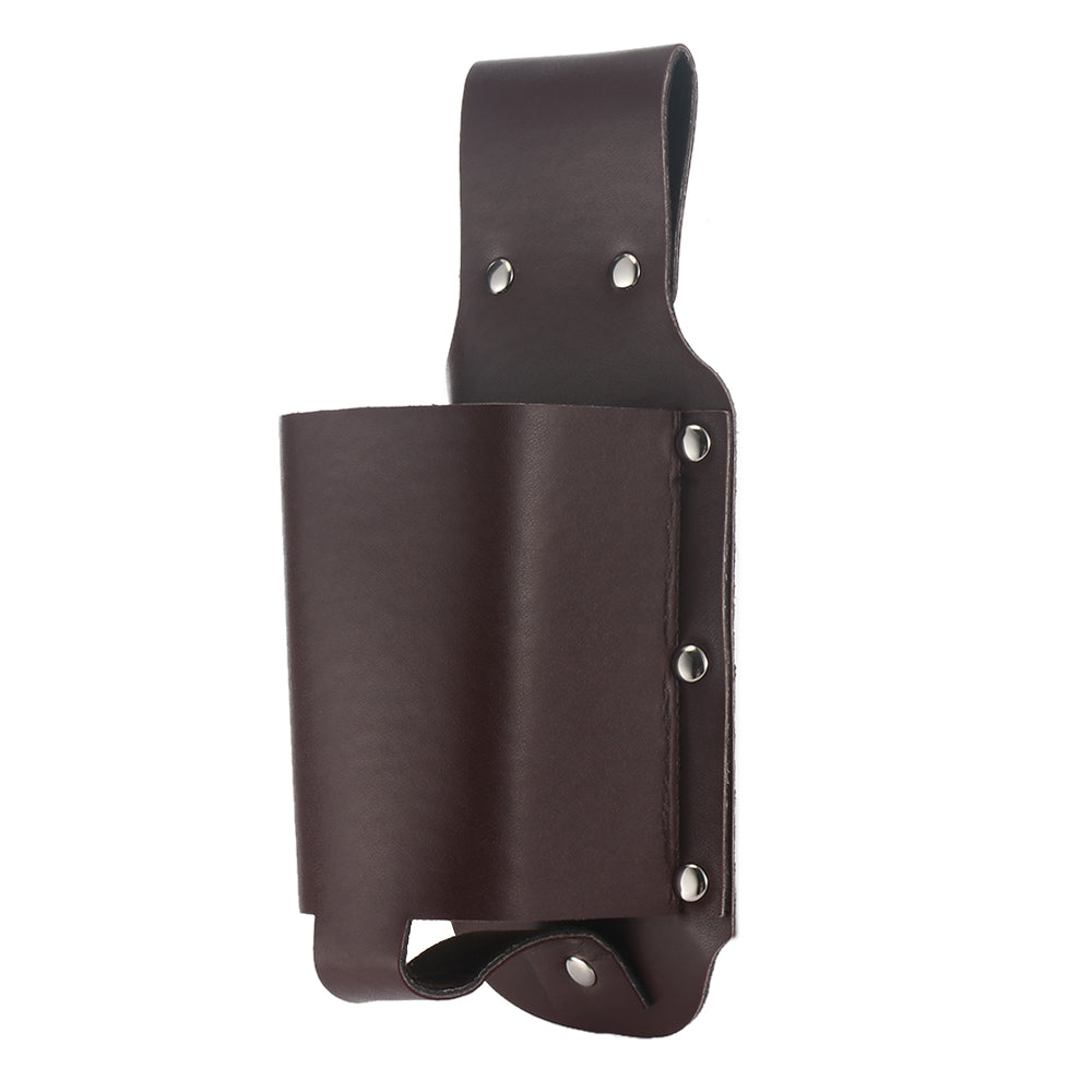 Single beer holder that attaches to your belt. Made from brown PU leather with silver metal rivets.  