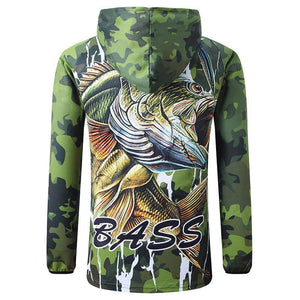 Gree fishing shirt with photo of a big green bass fish and the word bass written on the back.
