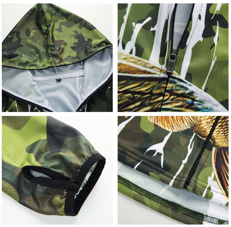 Green camouflage zip up fishing shirt with hood and bass fishing design. The shirt also has thumb holes, a zip and is made from moisture wicking material.