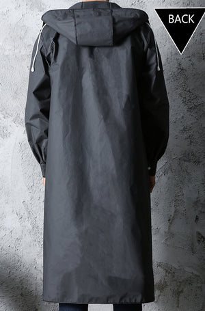 Black raincoat with hood. Stylish design. Long length.