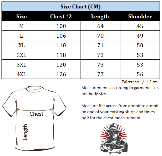 Hunting t-shirt size chart up to size 4XL.