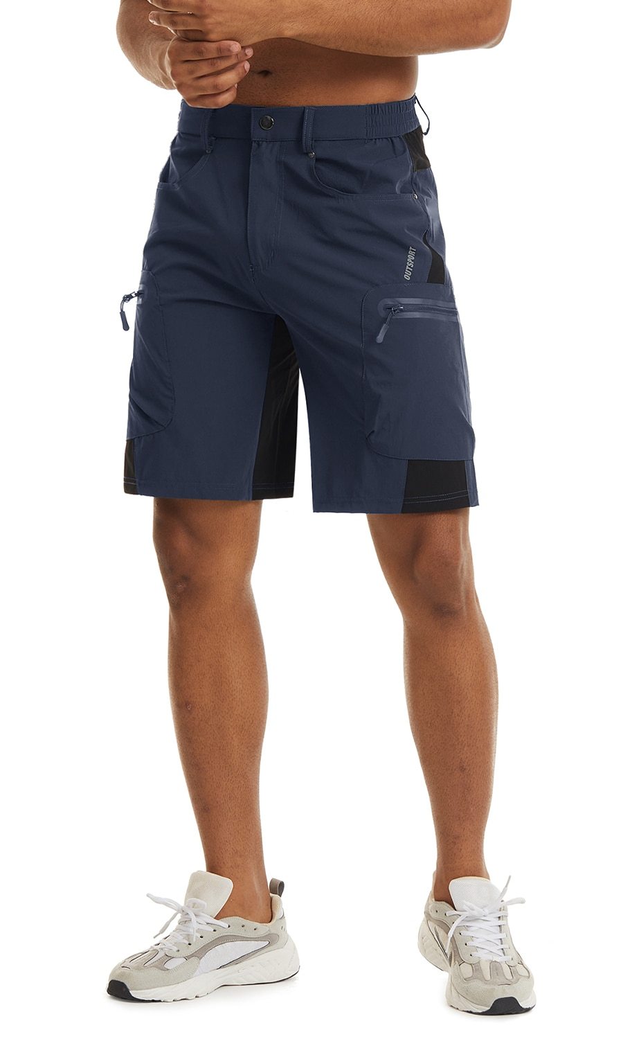 Men's lightweight hiking shorts with multiple zip up pockets.