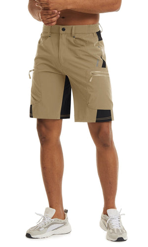 Man modelling a pair of khaki shorts used for hiking and other outdoor sports.